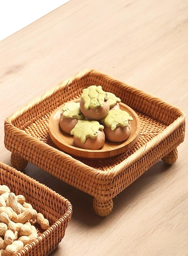 i-lan 9" Square Rattan Decorative Riser for Display,Small Items Serving Basket Vanity Tray - Square Woven Bread, Fruit, Keys Bowl Pedestal Stand,Flat Wicker Decorative Snack Trays for Candy Dish - Image 5